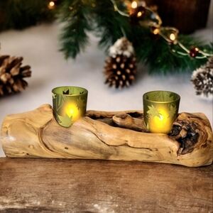 Juniper Votive Candle Holder Rustic Winter Forest Cabincore Holiday Mantle